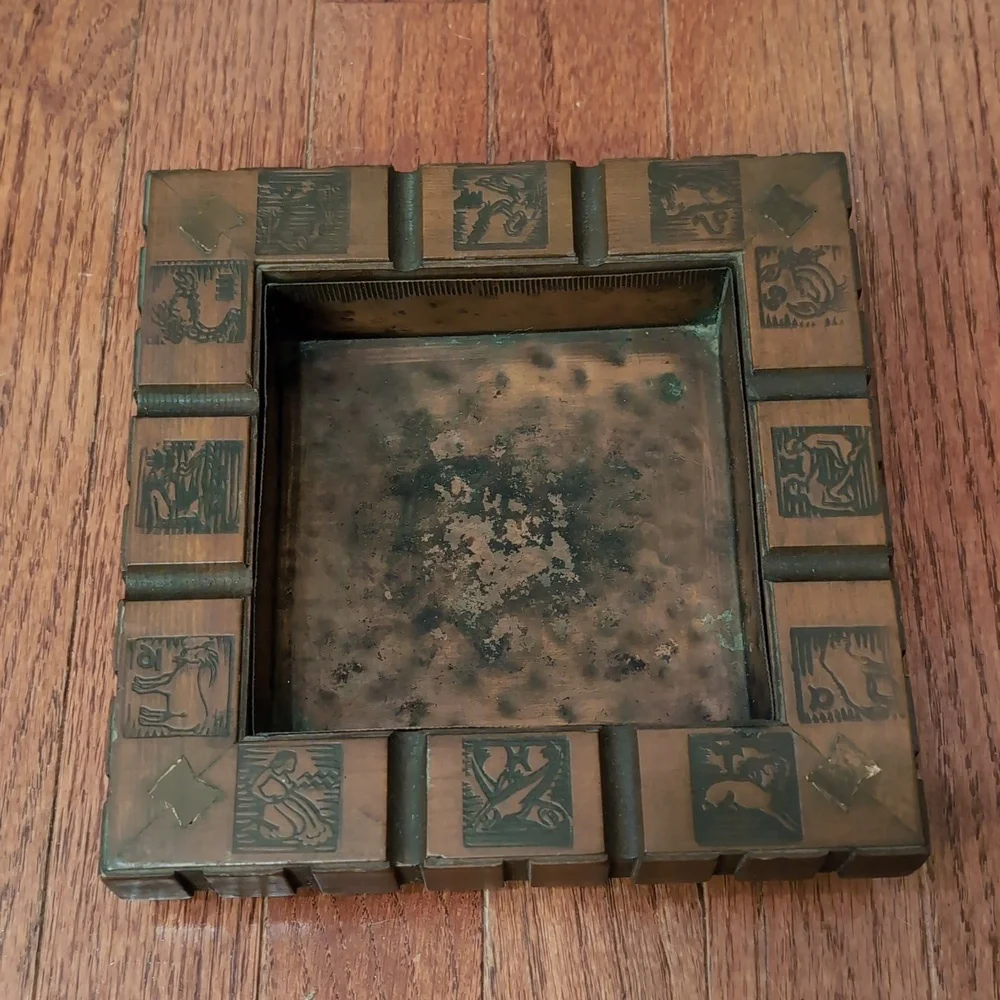 Vintage Brass Ashtray in Carved Wooden Box